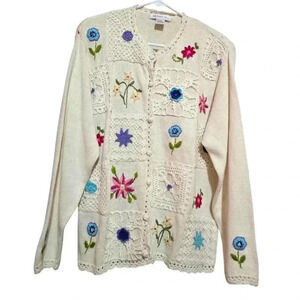 Vintage Arriviste Embroidered Floral Cardigan Off-white Size XL